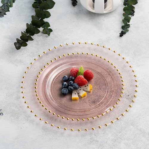 PLASTICPRO 128 Piece Combo Plastic Dinner Plates Disposable Plastic Fancy Heavy Duty Party Dishes 7 inch and 10 inch, Translucent Pink and Gold Beaded
