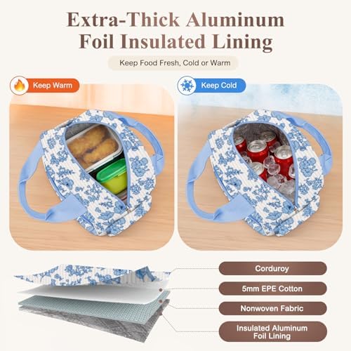 KUBYA Lunch Bag Lunch Box for Women, Cute Corduroy Insulated Reusable Work Leakproof Simple Adults Flower Large Lunch Boxes Tote Bag Men Cooler Bag