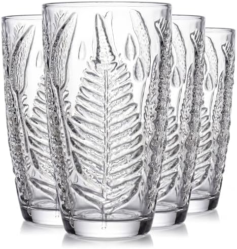 Clear Drinking Glasses Set of 4, 16 oz Glass Cups, Vintage Fern Glassware
