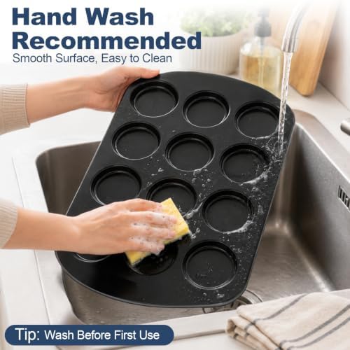 UWILLION Muffin Top Pan, 12 Cavity Nonstick Shallow Cupcake Pan, 3 Inch Carbon Steel Baking Tray, Oven Safe up to 450°F, for Muffin Tops, Eggs, Cornbread, Cookies, Whoopie Pies