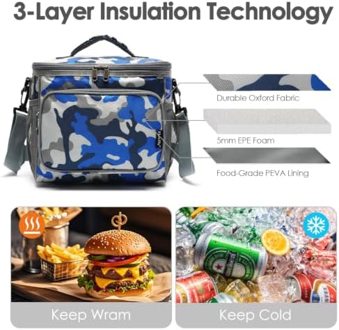 FlowFly Insulated Reusable Lunch Bag Adult Large Lunch Box for Women and Men with Adjustable Shoulder Strap,Front Zipper Pocket and Dual Large Mesh Side Pockets,BlueCamo