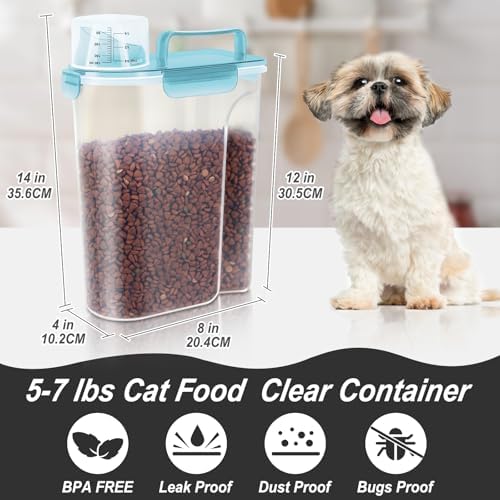 LEAWALK 5-7Lbs Cat Dog Storage Container, Portable Pet Food Containers with Upgraded Large Spout and Cup, Small Animal Kibble Dispenser for Bird Seed, Oatmeal, Rice, Flour-Clear Blue