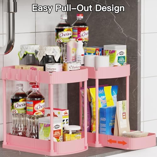 2 Packs Under Sink Pull-Out Storage Organizers, 12.8 Inches, Pink