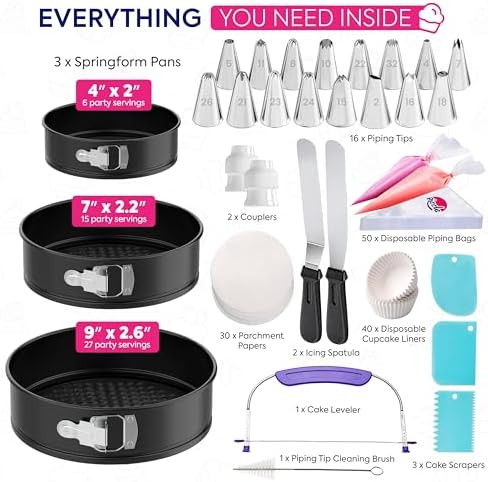 Riccle 148PCs Cake Pan Set for Baking, 3 Non-Stick Springform Pan Set (4, 7, 9 Inches), Cake Decorating Kit, Piping Bags and Tips Set, Cake Leveler, Multi-functional Leak-Proof CheeseCake Pan (148)