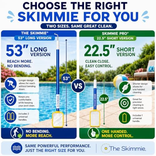 Skimmie Pro (Short Version) 22.5” Pool Skimmer: Lightweight, Fine Mesh Net, & Stainless Steel Hook – Ideal for In-Ground/Above-Ground Pools, Fountains, Ponds, Hot Tubs, & Cold Plunges