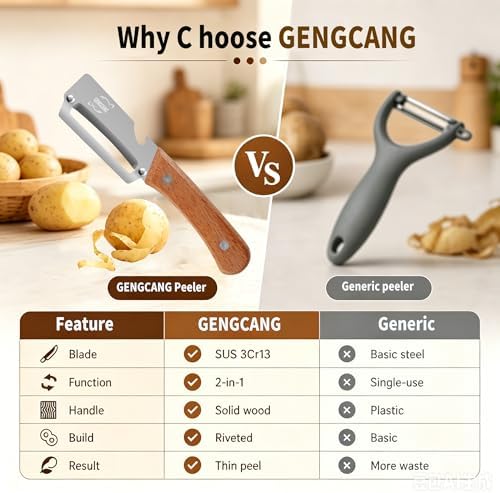 MultiFunctional Vegetable Peeler, Non-Slip Wooden Handle with Sharp Stainless Steel Blade, Built-in Bottle Opener - Perfect Kitchen Peeler For Veggie, Fruit, Potato, Carrot, Apple