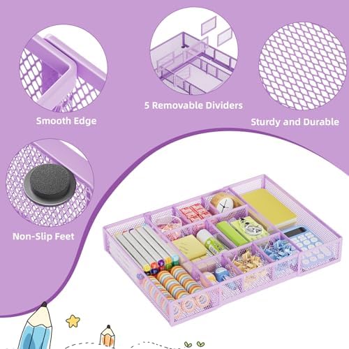 Marbrasse Expandable Desk Drawer Organizer, Mesh Drawer Organizer Tray with 10 Adjustable Compartments, Desk Organizers and Accessories for Office Supplies, Makeup & Vanity (Expandable-Purple)