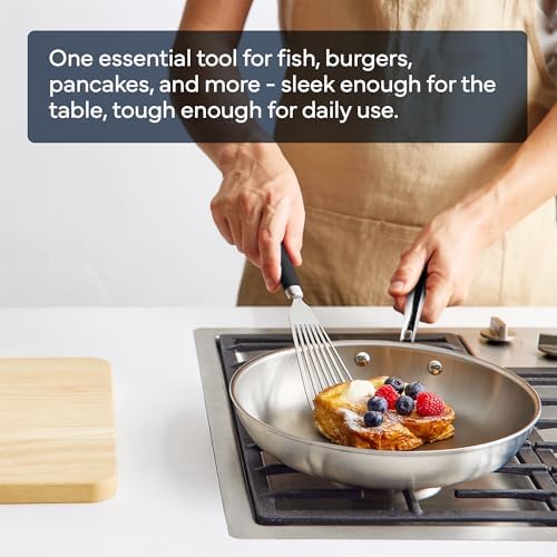 Misen Fish Stainless Steel Spatula - Slotted Turner for Cooking - Perfect for Frying - Heat Resistant - Dishwasher Safe -1mm Thick Flexible Flipper - Soft Silicone Grip Handle for Easy Use (Pack of 2)