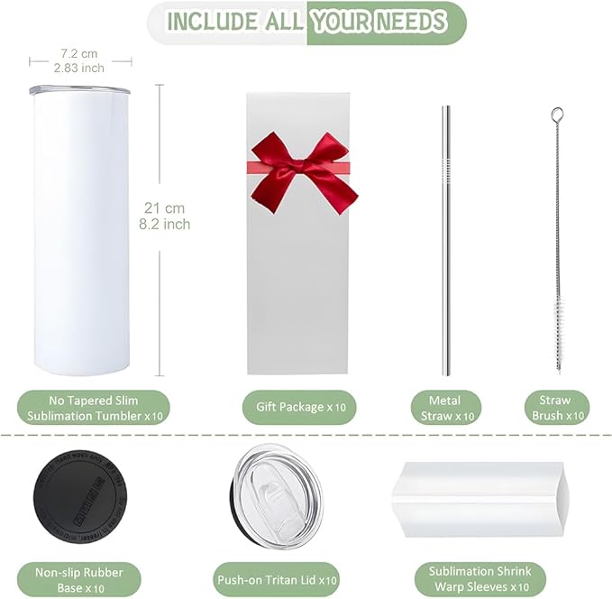 10 Pack 20 oz Sublimation Tumbler Blanks Skinny Straight Tumblers Bulk Stainless Steel Insulated Sublimation Tumblers 20oz with Lid and Straw, Gift Box