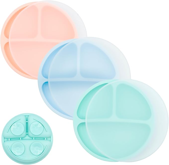 WeeSprout Suction Plates for Babies With Lids & Toddlers - 100% Silicone, Dinnerware Stays Put, Divided Design for Picky Eaters, Microwave & Dishwasher Friendly, 3 Pack