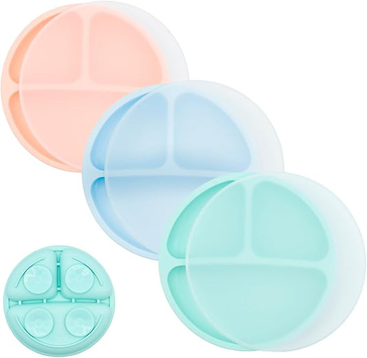 WeeSprout Suction Plates for Babies With Lids & Toddlers - 100% Silicone, Dinnerware Stays Put, Divided Design for Picky Eaters, Microwave & Dishwasher Friendly, 3 Pack