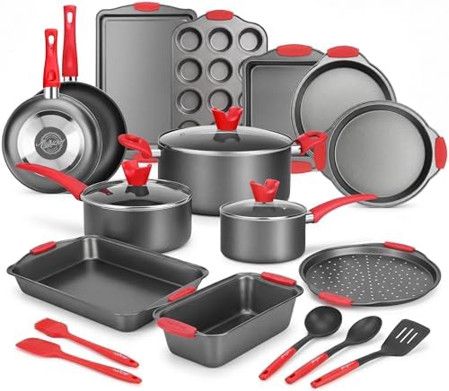 NutriChef 21-Piece Nonstick Cookware Set - PTFE/PFOA/PFOS Free Heat Resistant Lacquer Kitchen Ware Pots Pan w/ Cool-Touch Handles, Saucepan, Fry Pans, Lid, Bakeware, For Gas Electric Ceramic Cooktops