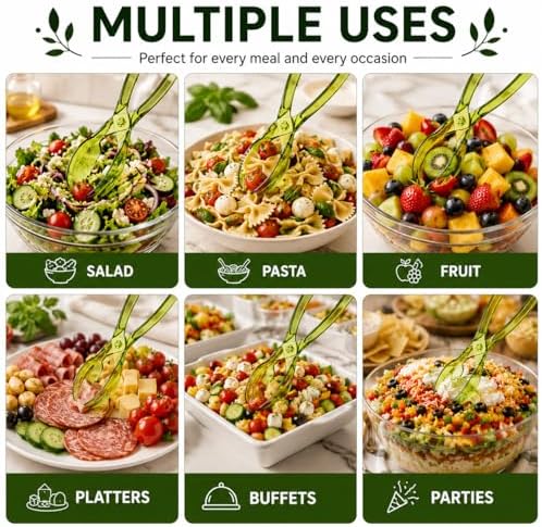 HIC Kitchen Salad Tong, Hinged Design, Detachable Fork and Spoon Green