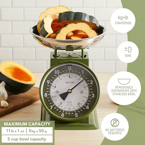 Taylor Analog Kitchen Scale, Stainless Steel Mechanical Food Scale with Removable Bowl, 11 lb Capacity, Large 5-Inch Dial, Battery-Free Design for Baking and Meal Prep, Small (Pack of 2)