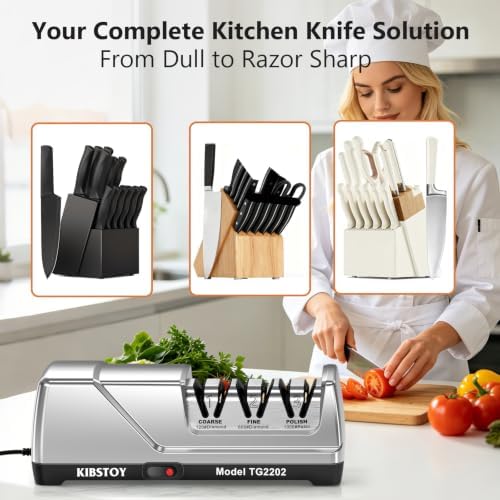 Knife Sharpener Electric, Professional 3-Stage 100% Diamond Sharpening System with 15° Precision Angle, Fast Blade Restoration, Polishing, Repair & Edge Refining & Outdoor Knives