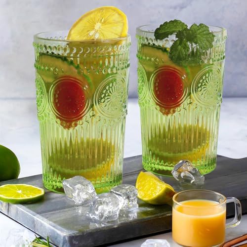 Loivttvv 6pcs Vintage Drinking Glasses Set, 12 oz Green Highball Glasses, Embossed Ribbed Glassware Cups for Cocktail, Water, Juice, Coffee, Whiskey
