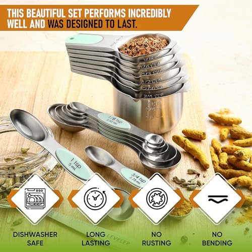 Spring Chef Magnetic Measuring Cups & Spoons Set of 15 with Levelers, Mint