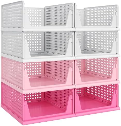 Pink Girl Closet Organizers and Storage Stackable Plastic Drawer Basket for Clothing Stackable Storage Bins Shelf Storage Container for RV Closet Wardrobe Bedroom Bathroom Playroom 8 Pack