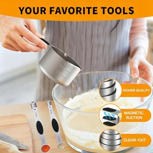 Magnetic Measuring cups and spoons Set, 304 Stainless Steel 5 Magnetic Measuring Cup and 8 Double Sided Measuring Spoons with 1 Leveler，Kitchen Gadgets for Cooking & Baking