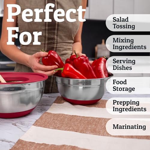 Priority Chef 6Pc Stainless Steel Mixing Bowls with Lids Set, Huge 7 Qrt Size Metal Bowl Set for Kitchen, 3 Graters, Non-Slip Bases & Silicone Utensils Set, Red