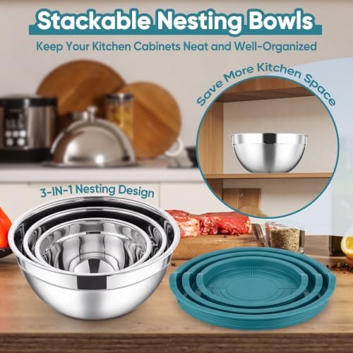 Herogo Stainless Steel Mixing Bowls with Lids Set of 3, 1.5/3/4.6Qt, Blue