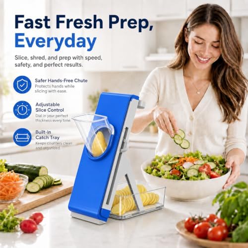Safe Mandoline Slicer for Kitchen, Vegetable Slicer with Container, French Fry Cutter, All in 1 Julienne Slicer for Potato, Thickness Adjustable, Detachable Blade (Dark blue)