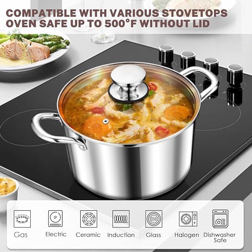Herogo 4 Quart Stock Pot, 18/10 Stainless Steel Cooking Pot with Lid, Tri-Ply Pasta Stockpot with Handles, 4 QT Stockpot for Induction Gas Electric Stove, Dishwasher Safe