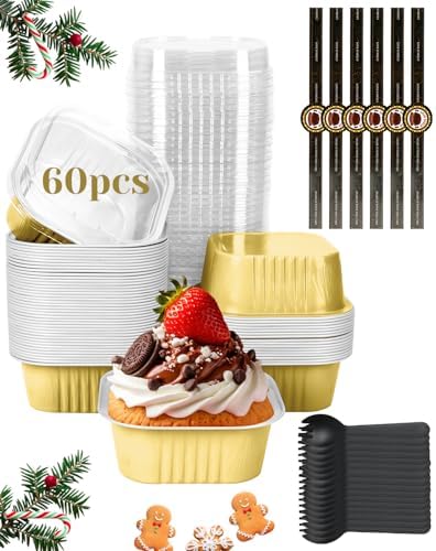 YQER 60 Pack 10oz Mini Cake Pans with Lids, Spoons, Stickers - Disposable Square Brownie Baking Cups - Individual Small Aluminum Foil Loaf Tins for Muffin, Ramekins, Cupcake - Catering, Gift, Gold