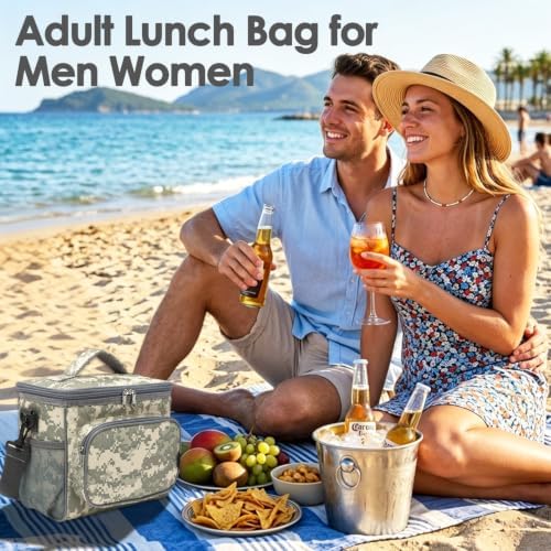 FlowFly Insulated Reusable Lunch Bag Adult Large Lunch Box for Women and Men with Adjustable Shoulder Strap,Front Zipper Pocket and Dual Large Mesh Side Pockets,DigitalCamo
