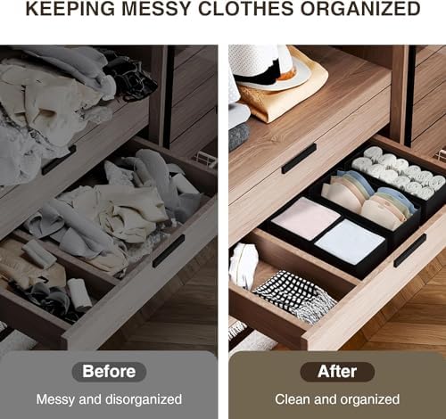 DIMJ Drawer Organizers - Set of 8 Foldable Closet Dividers for Baby Clothes, Socks, Belt, Tie (Black)