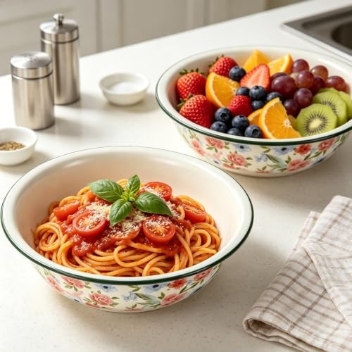 3 Pack Vintage Enamel Mixing Bowl, 11.8 Inch Large Farmhouse Retro Enamelware Basin 3.6 Quart Enamel Bowl Serving Tray for Fruit Salad Pasta Dough Making Camping Kitchen Farmhouse Decor