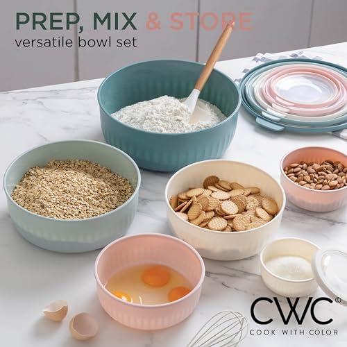 COOK WITH COLOR Prep Bowls with Lids- Wide and Deep Nesting Plastic Small Mixing Bowl Set with Lids, 12 Piece Set - Wide Bowls, Teal and Pink