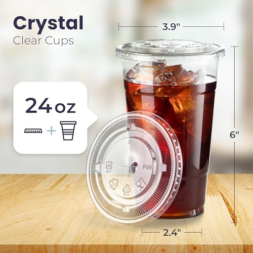Fit Meal Prep 600 Pack 24 oz Clear Plastic Cups with Flat Lids, Disposable Iced Coffee Cups, BPA Free Premium Crystal Smoothie Cup for Party, Lemonade Stand, Cold Drinks, Milkshake