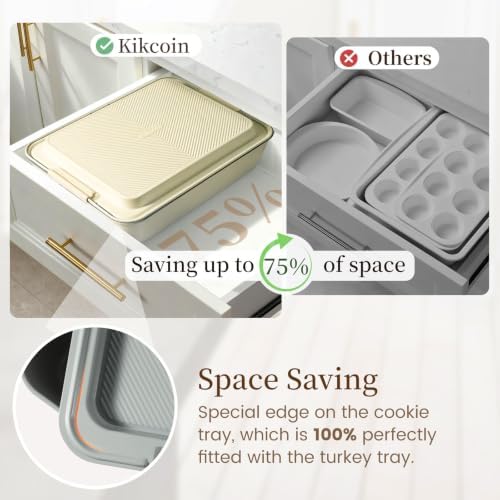 Kikcoin 25-Piece Nonstick Baking Pans Set with Large Turkey Roasting Pan, Stackable Bakeware Set, 450°F Oven Safe Baking Sheet Set with Silicone Handles, Carbon Steel Cookie Sheets for Baking, Cream