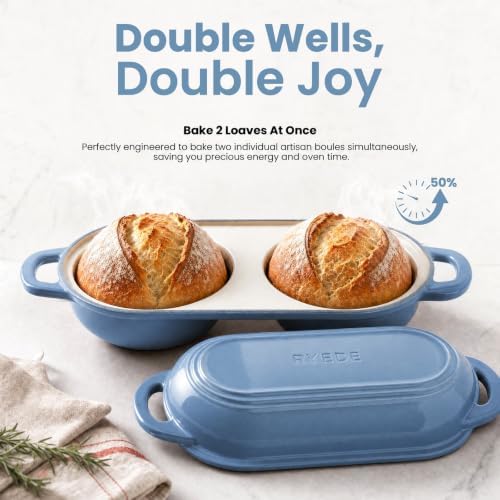 Double Dutch Oven for Bread Baking,Mini Cast Iron Sourdough Loaf Pan(Blue)