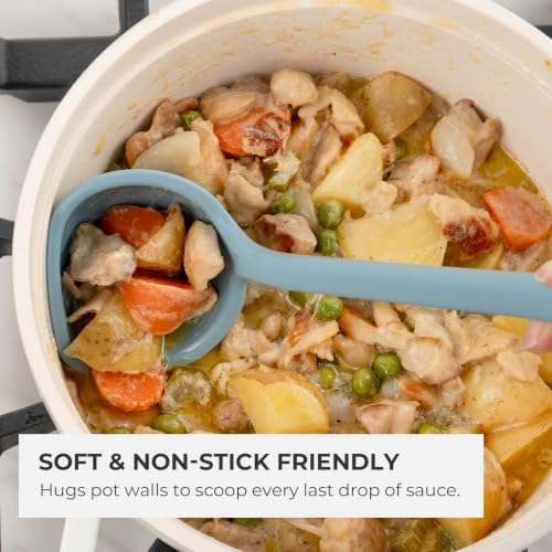 Elihome Classic 10.5 inch Silicone Soup Ladle Cooking Spoon: 600ºF Heat Resistant 2 oz Non-stick Seamless Deep Serving Spoon with Non Slip Long Handle for Cooking Sauce Stews Gravy - Teal Grey