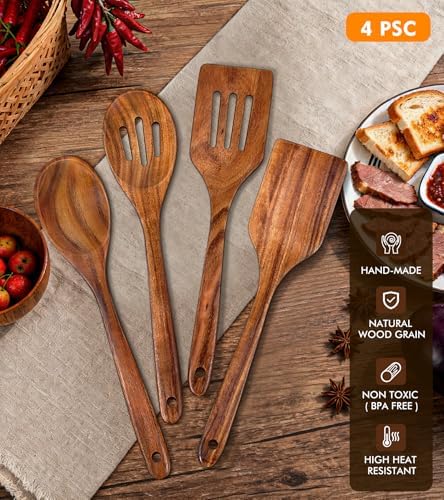 4Pcs Wooden Spatula for Cooking, Acacia Wooden Spatula for Kitchen Use, Nonstick Cookware Safe Utensils Set for Cooking, Mixing, Serving, Draining, Ideal Cooking Utensils Gift