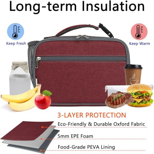 GYEUKHAM Insulated Lunch Box for School, Thermal Reusable Durable Freezable Lunch Bags for Kids Boys Girls Men Women - Small Soft Cooler Portable Lunch Tote Kit for Work Picnic Travel,Dark Red