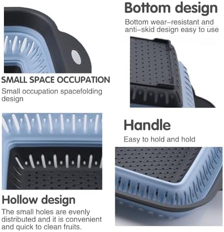 Collapsible Colander Set, Square Round Triangles Silicone Kitchen Strainer Perfect for Draining Pasta Vegetable fruit 2 PCS (10.8"L x 8.6"W x 2"H, Blue & Gray)