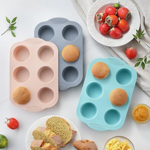 XZZWLL 3 Pack Silicone Muffin Pan, 6 Cup Nonstick Cupcake Molds for Baking