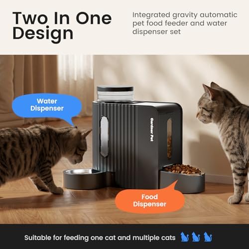 Gravity Automatic Cat Feeder, Water & Food Dispenser Set, Stainless Bowls