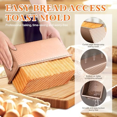 3-Pack Bread Pan with Lids, 2.2LB & 1LB & 1LB Dough Capacity, Non-Stick Carbon Steel Pullman Loaf Pan for Baking, Professional Toast Box Mold with Baking Tools - Gold