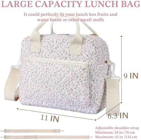WOBAGMEN Quilted Lunch Box for Women, Insulated Lunch Bag for Adult,Cute Lunch Tote Bags for Work Picnic Travel(Pink Floral,M)