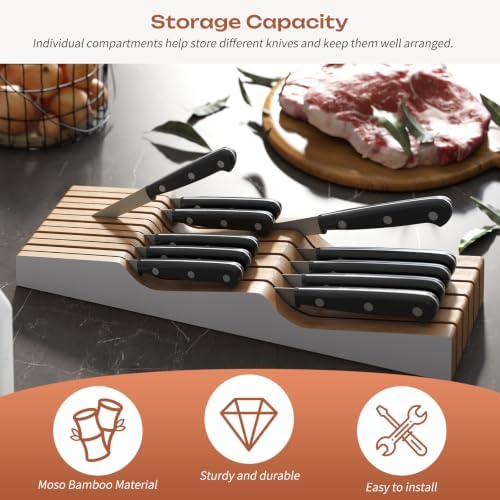 In-Drawer Knife Block Organizer - Bamboo Wood Drawer Knife Organizer-Protecting Knife Organizer Block (Not Included) (White, 11 Knives Dock)