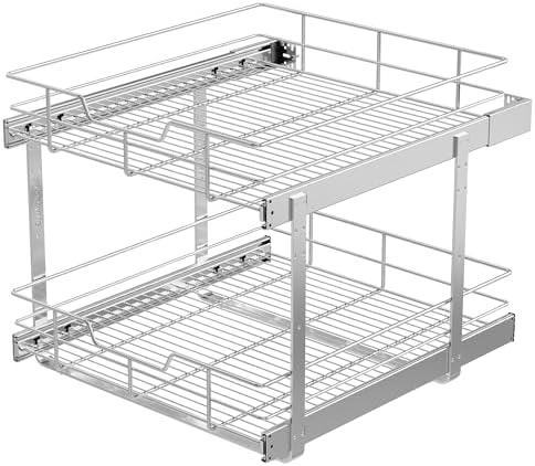 2 Tier Pull Out Cabinet Organizer 21" W X 22" D, Chromed, Full Slide Out