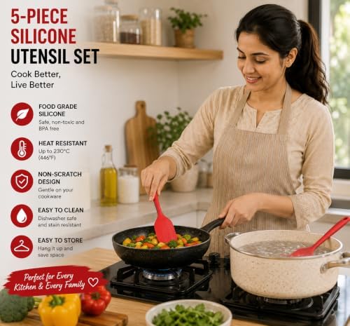 5 Piece Silicone Spatula Set, Heat Resistant up to 446°F, BPA-Free One-Piece Kitchen Rubber Spatula Set for Cooking, Baking, Mixing & Scraping, Nonstick Cookware Safe, Dishwasher Safe, Red