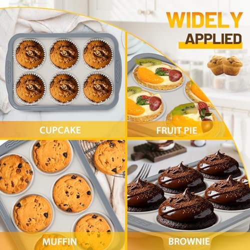 Silicone Muffin Pan, 6 Cups Non-Stick Cupcake Pan, Food-Grade BPA-Free Muffin Tin, Oven-Safe 450 °F, Reinforced Steel Frame, Easy-Grab Handles, Quick-Release 2.7" Baking Molds for Mini Treats