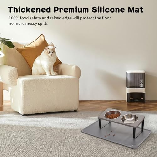 Summark Upgraded Elevated Cat Bowls with Food Mat,15°Tilted Stand Anti Vomiting Raised Cat Dishes for Food and Water,2 Stainless Steel Bowls for Cats and Puppy（Gray）