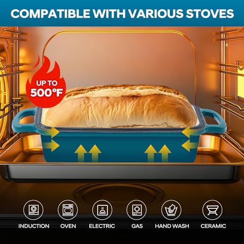 Cast Iron Loaf Pan with Lid 10x5 Inch Enameled Bread Loaf Pan for Sourdough, 2 Piece Set, Emerald
