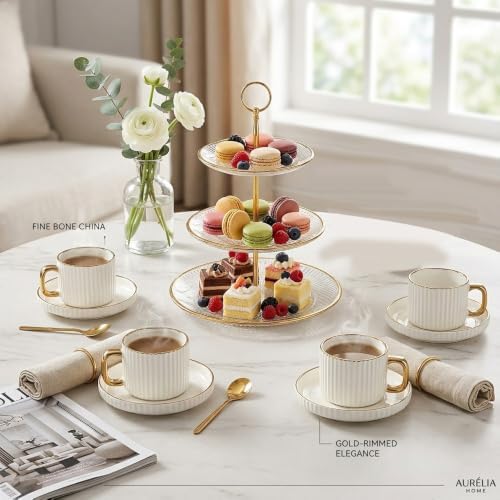 Ceramic Tea Cups Coffee Cup and Saucers Set of 4 (White)